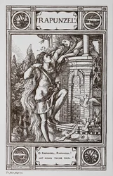 Rapunzel lehnt sich aus dem Fenster eines Turms, während ein Prinz an ihrem Haar hochklettert