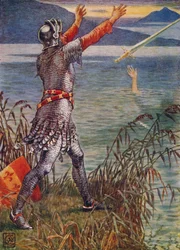Sir Bedivere wirft das Schwert Excalibur in den See, 1911