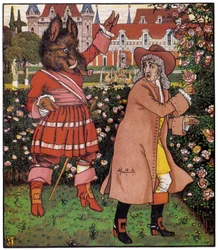 Der Vater der Schönen pflückt Rosen im Garten der Bete. Illustration von Walter Crane in "Schönheit und das Biest"