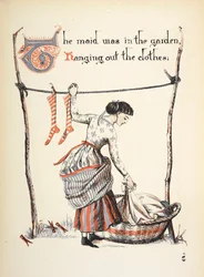 Das Dienstmädchen war im Garten und hängte die Wäsche auf.
