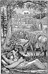 Reisen mit einem Esel in den Cevennen, von Robert Louis Stevenson. Abend, der Schriftsteller träumt während eines Nachtstopps, nahe seiner Eselin Modestine. Frontispiz der ersten englischen Ausgabe (1879), Holzschnitt von Walter Cra