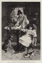 Frühstück beendet, das Tischgebet wird gesprochen (Gravur)