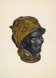 Spielzeugbank: Kopf eines schwarzen Jungen, ca. 1939