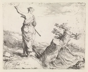 Landschaft mit Frau bei einem Baumstumpf