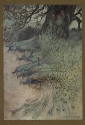 Tafel 11: "Hunderte von Pfauen mit prächtigem Gefieder kamen zu den Dämmen, um Khai zu fressen", aus "Volksmärchen aus Bengalen" ... Mit 32 farbigen Illustrationen von Warwick Goble. (Luxusausgabe.)