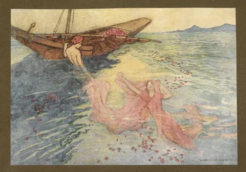 Tafel 22: "Als sie an die Oberfläche kamen, stiegen sie ins Boot", aus Folk-Tales of Bengal ... Mit 32 Illustrationen in Farbe von Warwick Goble (Edition de luxe)