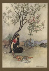 Tafel 28: "So wurde die Prinzessin verlassen.", aus Folk-Tales of Bengal ... Mit 32 Illustrationen in Farbe von Warwick Goble. (Edition de luxe.) 1914