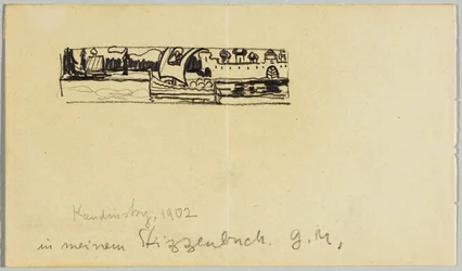 Flusslandschaft mit Boot und ummauerter Stadt