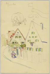 Gasse mit Satteldachhäusern und Planwagen