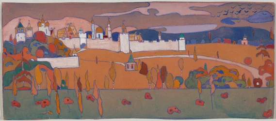 Ummauerte Stadt in Herbstlandschaft