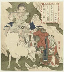 Junge, der auf einem Ochsen Flöte spielt