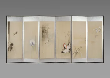 Paar Klappschirme: Blumen der zwölf Monate, ca. 1900 (Tinte & Farbe auf Papier)
