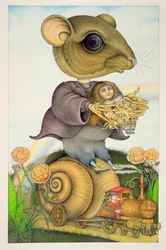 Maus und Puppe auf einem Schneckenzug