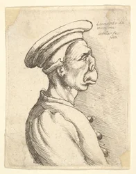 Büste eines Mannes mit flacher Nase und vorstehendem Mund, der eine flache Mütze und einen geknöpften Mantel trägt..., 1660