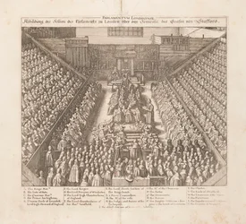 Darstellung der Parlamentssitzung von London zur Verurteilung des Earl of Stafford, ca. 1642