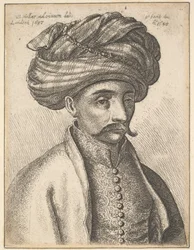 Kopf und Schultern eines türkischen Mannes mit Schnurrbart und großem Turban
