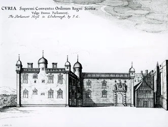 Das Parlamentsgebäude in Edinburgh (Gravur) (sw Foto)