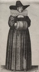 Die Frau mit einem männlichen Hut und hellem Muff
