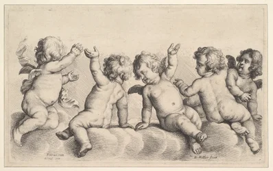 Drei Putten und zwei Jungen auf Wolken, 1620-77
