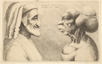 Zwei deformierte Köpfe, die Figur links ist möglicherweise eine Karikatur von Dante, 1645