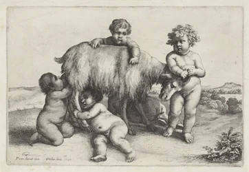 Vier Jungen, ein Satyr und eine Ziege nach rechts stehend, Putti und Satyrn (Serientitel)