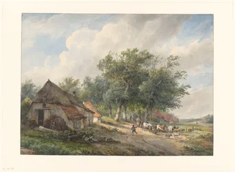 Landschaft mit Bauernhöfen und Vieh