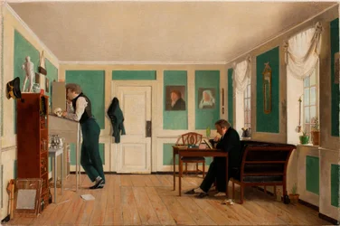 Innenansicht von Amaliegade. Kapitän Carl Ludvig Bendz stehend und Dr. Jacob Christian Bendz sitzend