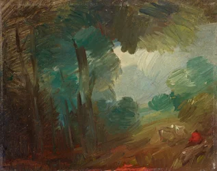 Waldlandschaft mit Kühen und Bauern