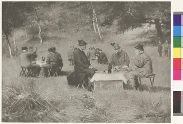 Jagdgesellschaft - Kaiser Franz Joseph am Tisch mit Prinz Leopold von Bayern und Großherzog Ferdinand IV. von Toskana