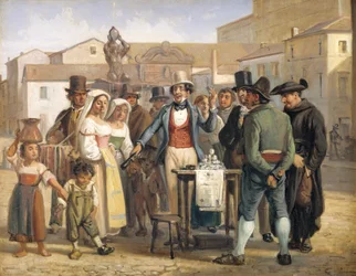 Ein Scharlatan verkauft Schuhcreme auf der Piazza Barberini in Rom