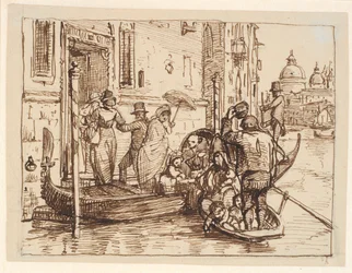 Aussteigen aus einer Gondel im Canal Grande in Venedig. Im Hintergrund Santa Maria della Salute