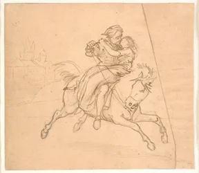 Entführung. Reitendes Paar, im Hintergrund Burg oder Schloss