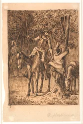 Vor dem Kampf mit dem Spiegelritter hilft Don Quixote Sancho Pansa auf einen Baum