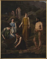 Nausikaa bringt dem gestrandeten Odysseus Kleidung