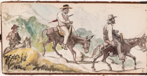 P. C. Skovgaard und A. Kittendorff auf Eseln reitend in einer Berglandschaft