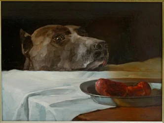 Dogge mit Wurstschüssel