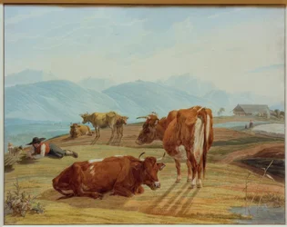 Weidende Kühe vor Hochgebirgslandschaft