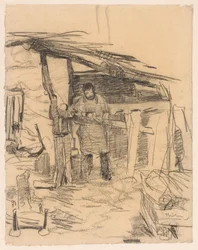 Zimmermann beim Bau eines Gerüsts für eine Scheune