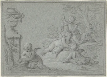 Putti in einer Landschaft mit einer Vase