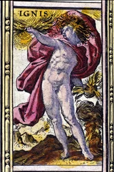 Feuer, eines der vier Elemente dargestellt im Atlas von W. Blaeu, gedruckt in Amsterdam im Jahr 1655