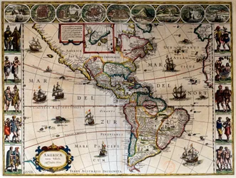 Geografische Karte von Amerika. In „Le theatre du monde ou le nouvel atlas Amsterdam“ erstellt von Willem Janszoon Blaeu (1571-1638)