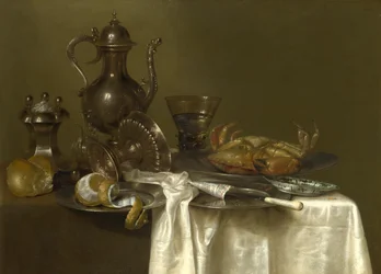 Stillleben: Zinn-, Silbergefäße und eine Krabbe, ca. 1636