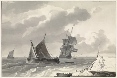 Segelschiffe auf stürmischem Wasser vor der Küste