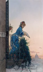 Eine elegante Schönheit auf einem Balkon mit Blick auf Rom, mit der Kuppel von St. Peter in der Ferne