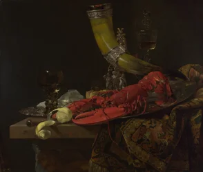 Stillleben mit dem Trinkhorn der Sankt-Sebastian-Bogenschützengilde, Hummer und Gläsern, um 1653