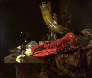 Stillleben mit dem Trinkhorn der St. Sebastian Schützengilde, Hummer und Gläsern