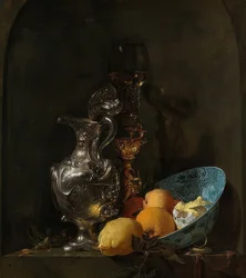 Stillleben mit Silberkrug und Porzellanschüssel. 1655-60