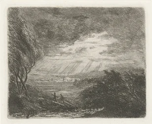 Landschaft mit zwei Figuren bei Sturm und Regen