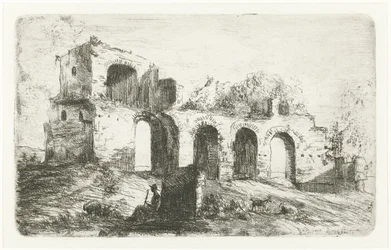 Südliche Landschaft mit Ruine und Hirte mit Vieh
