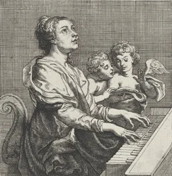 Heilige Cäcilia spielt die Orgel mit zwei Putti rechts, ca. 1631